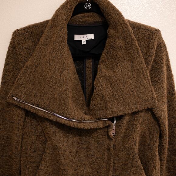 IRO Bessie Jacket Brown Moto Boucle Asymmetric High Funnel Neck SZ 10 US - Picture 5 of 9